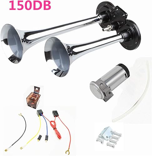 Miniatura 2 de Bocina de aire para coche, 12 V, 150 DB, trompeta, camión, bocina de aire, doble tubo, cromado, plateado, zinc, bocina de aire con compresor para