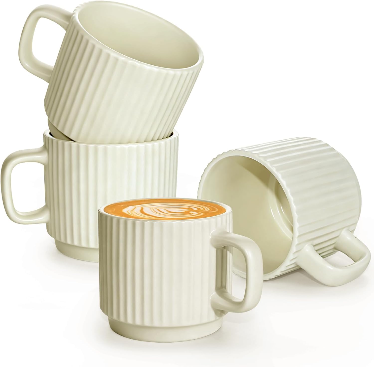 Juego De 4 Tazas De Café Apilables De Porcelana, Tazas De Espresso De 200 Ml con Asa para Té, Latte, Cacao Y Capuchino - Elegante Vajilla De Cerámica Blanca