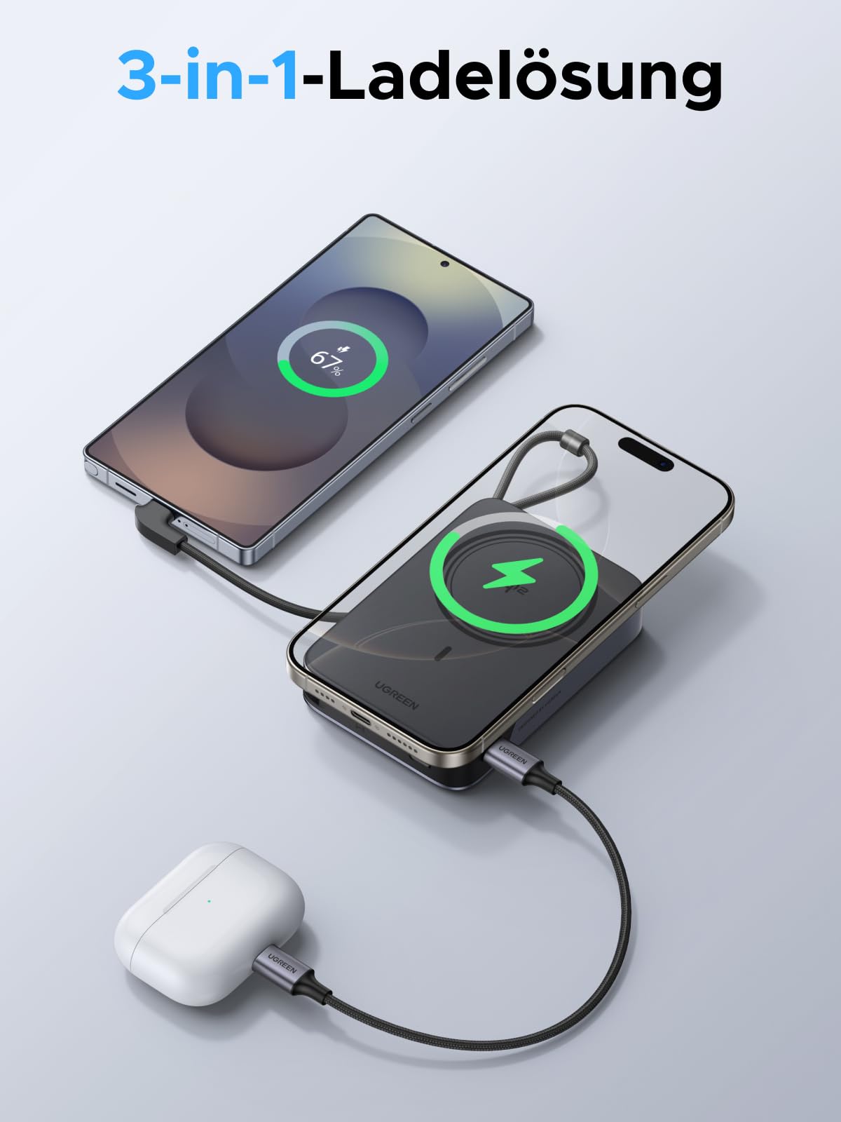 UGREEN Zapix 10000mAh Qi2 15W Powerbank Magsafe mit USB-C 30W