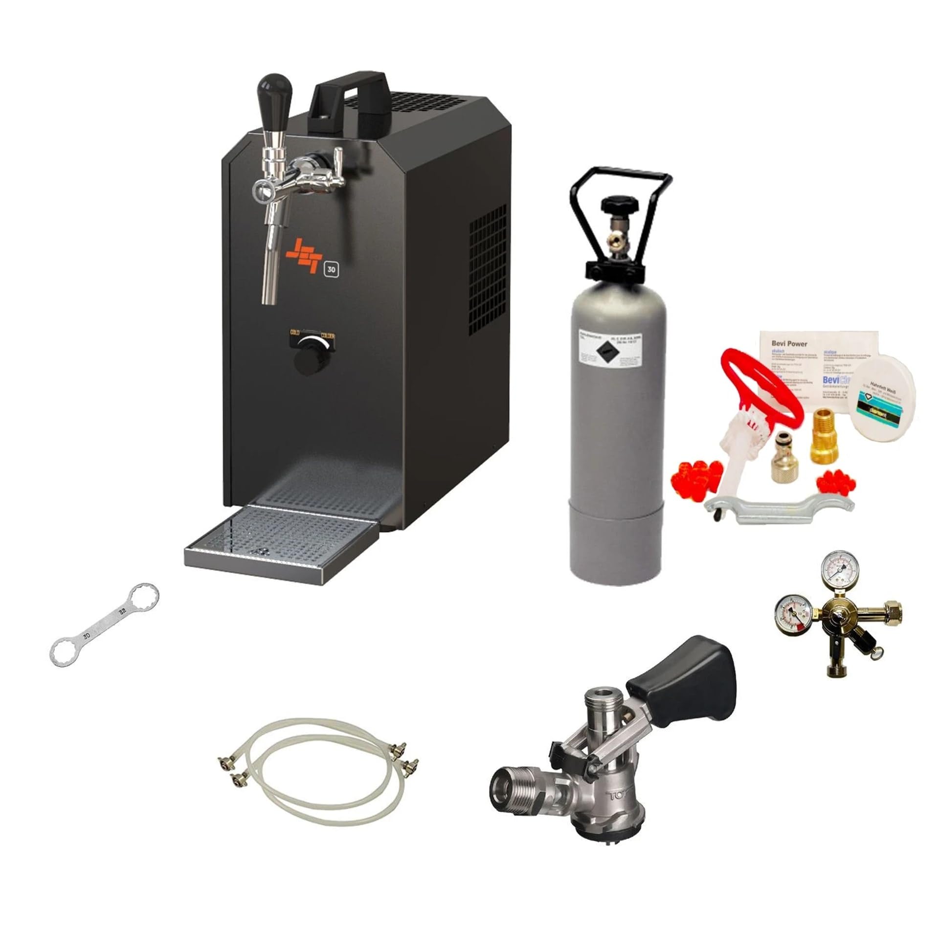 Komplett Set Zapfanlage Jet 30 Bierkoffer Durchlaufkühler 1-leitig Trockenkühler 35L/h Reinigungsset CO2 Flasche Druckminderer Zapfkopf NC Adapter