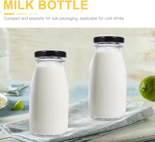 Miniatura 9 de Luxshiny 4 botellas de leche de vidrio transparente con tapas herméticas de metal, botellas de 6.8 fl oz, recipientes para bebidas de cristalería