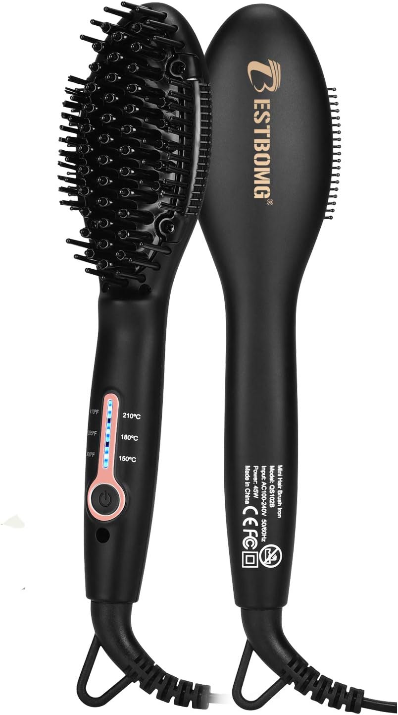 Ionic Hair Straightener Brush for Women,BESTBOMG Quick Beard Straightener Comb Electric Beard Straightening for Men,Hair Straightening Brush with Dual Voltage 100V-240 Heat Brush Home & Travel