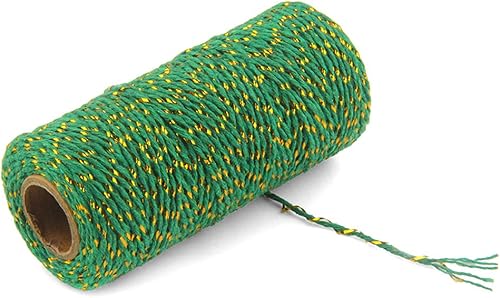 AKOAK Cordel para panaderos, 1 rollo de cuerda de algodón de 109 yardas para envolver regalos, manualidades y decoración (verde + dorado)