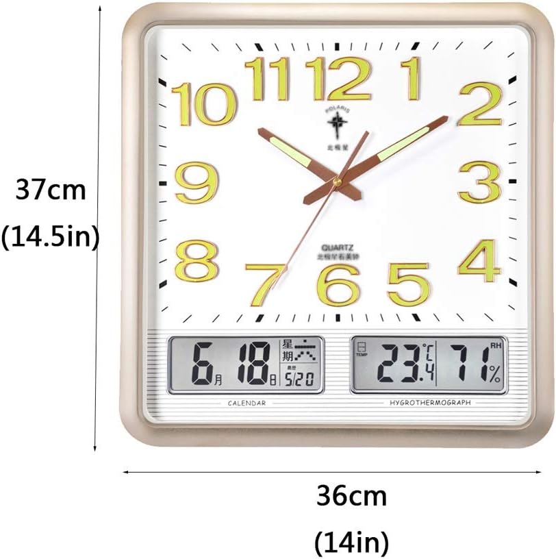 Weather Monitoring Clocks Living Room Wall Clock Luminous Home Silent Clock Square Quartz Clock Clock Temperature Humidity Meter Weather Detection Clock (Gold) (Multicolor)