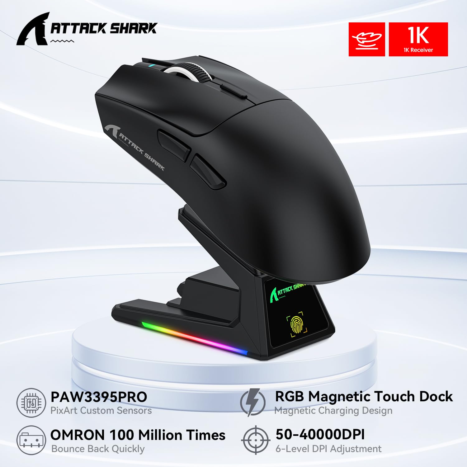 ATTACK SHARK X1 Gaming Mouse with Touchpad RGB Charging Dock, PixArt PAW3395PRO Gaming Sensor, BT/2.4G Wireless/Wired Gaming Mouse, 40000 dpi, 53g Superlight Gamer Mice for Win11/Xbox/PS/Mac (Black)