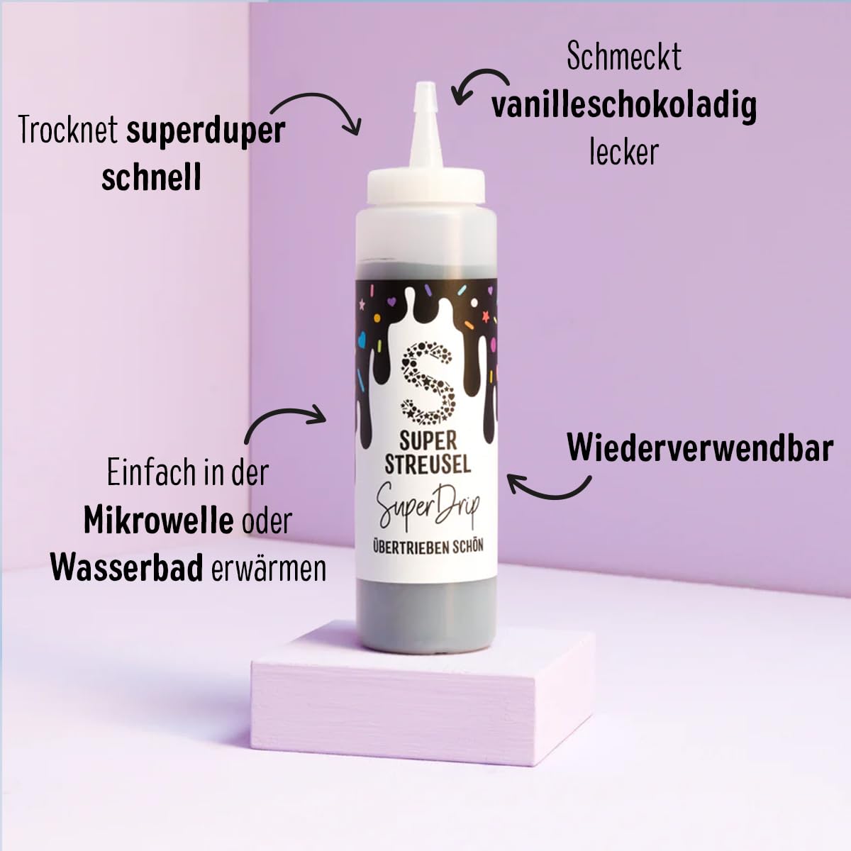 Super Streusel SuperDrip Schwarz und Weiß Bundle - Drip Cake Glasur, Kuchenglasur, Royal Icing, Zuckerschrift, Lebensmittelfarbe, Kuvertüre, Zuckerguss (2x 300g)