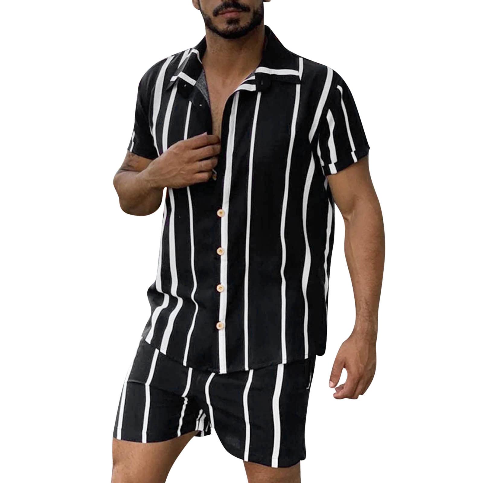 QWUVEDS Hombres Primavera Verano Dos Piezas Playa Manga Corta Camisa Pantalones Cortos Conjunto Con Bolsillo Moda Conjunto Suelto Vestidos Bolsa De Transporte