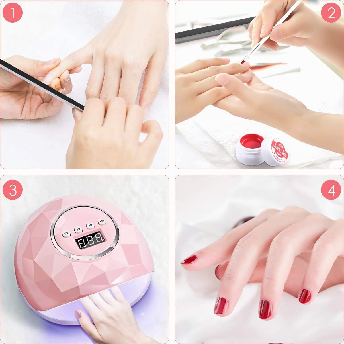 Janolia Lámpara Secador de Uñas, de Acrilonitrilo butadieno estireno, Rosado, 86W LED UV, 4 Ajuste de Temporizadores, para Esmalte con Sensor Automático y Protección Contra Sobretemperatura