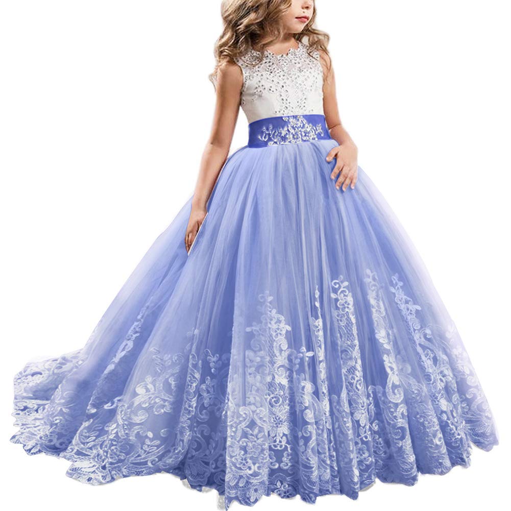 Kids Full Length Lace Bodice Tulle Ball Gown Flower Girl Communion Dress Up Pageant Princess Birthday Party Fall Maxi Costume #A Royal Blue 6-7 Years