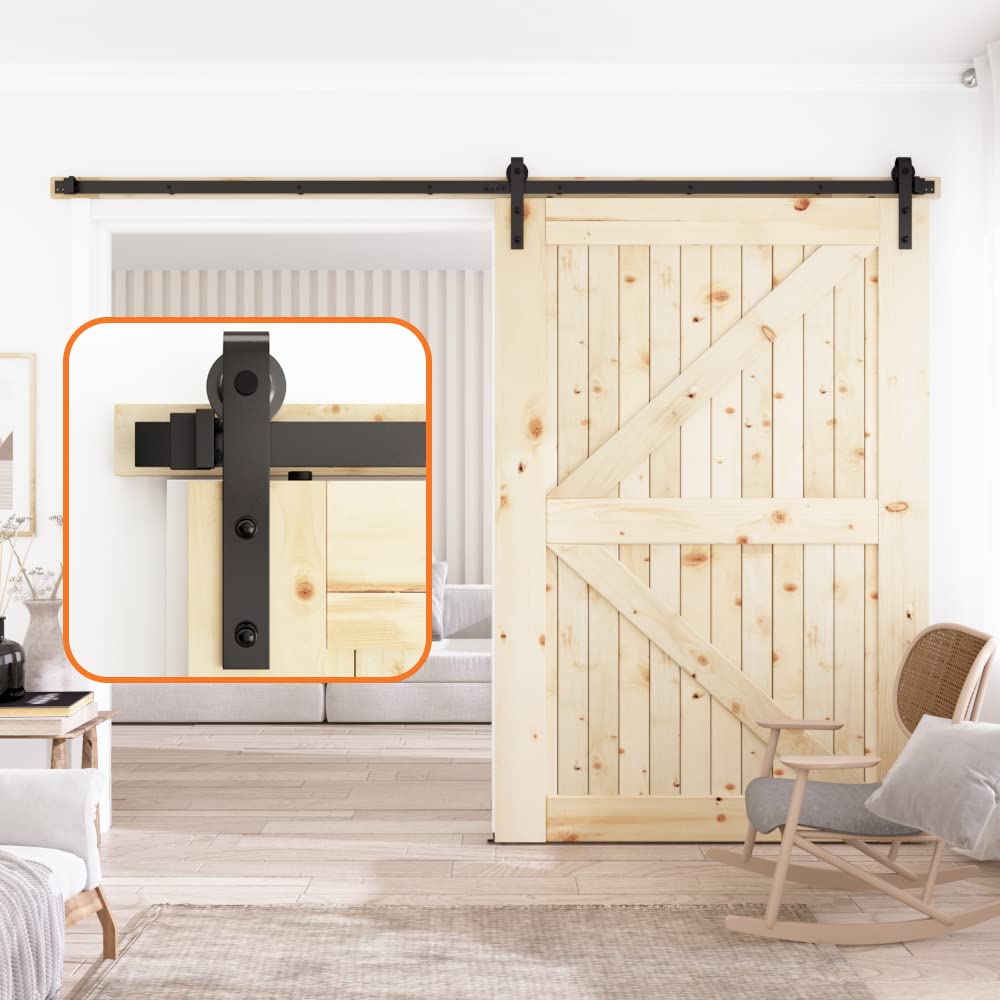 SKYSEN 9FT Single Sliding barn Door Hardware kit, Barn Door Track, 1/4” Thick Material- 4FT-13FT Available- Smooth and Quiet- Easy to Install- Black (J Shape)