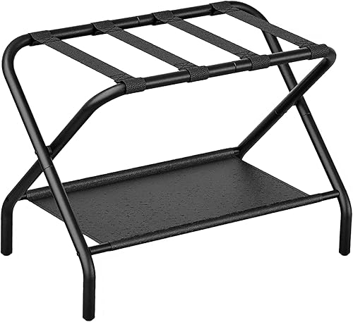 Smuxee Black Luggage Rack, Foldable Suitcase Stand with Fabric Storage Shelf, Luggage Holder with 4 Nylon Straps for Guest Room Bedroom Hotel Negro