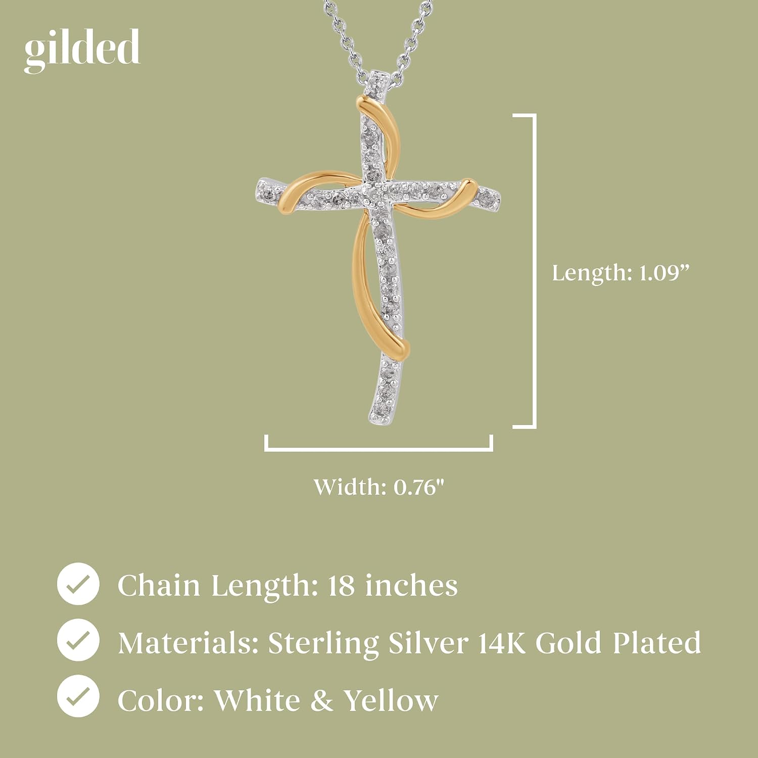 GILDED 14K Yellow Gold over 925 Sterling Silver Necklace for Women with Natural Diamond and Twist Cross Pendant, 14K Gold Plated over Sterling Silver, 925 Sterling Silver, 18" Cable Chain, 1/4 Carat Total Weight Diamonds & Elegant Gift Box Included
