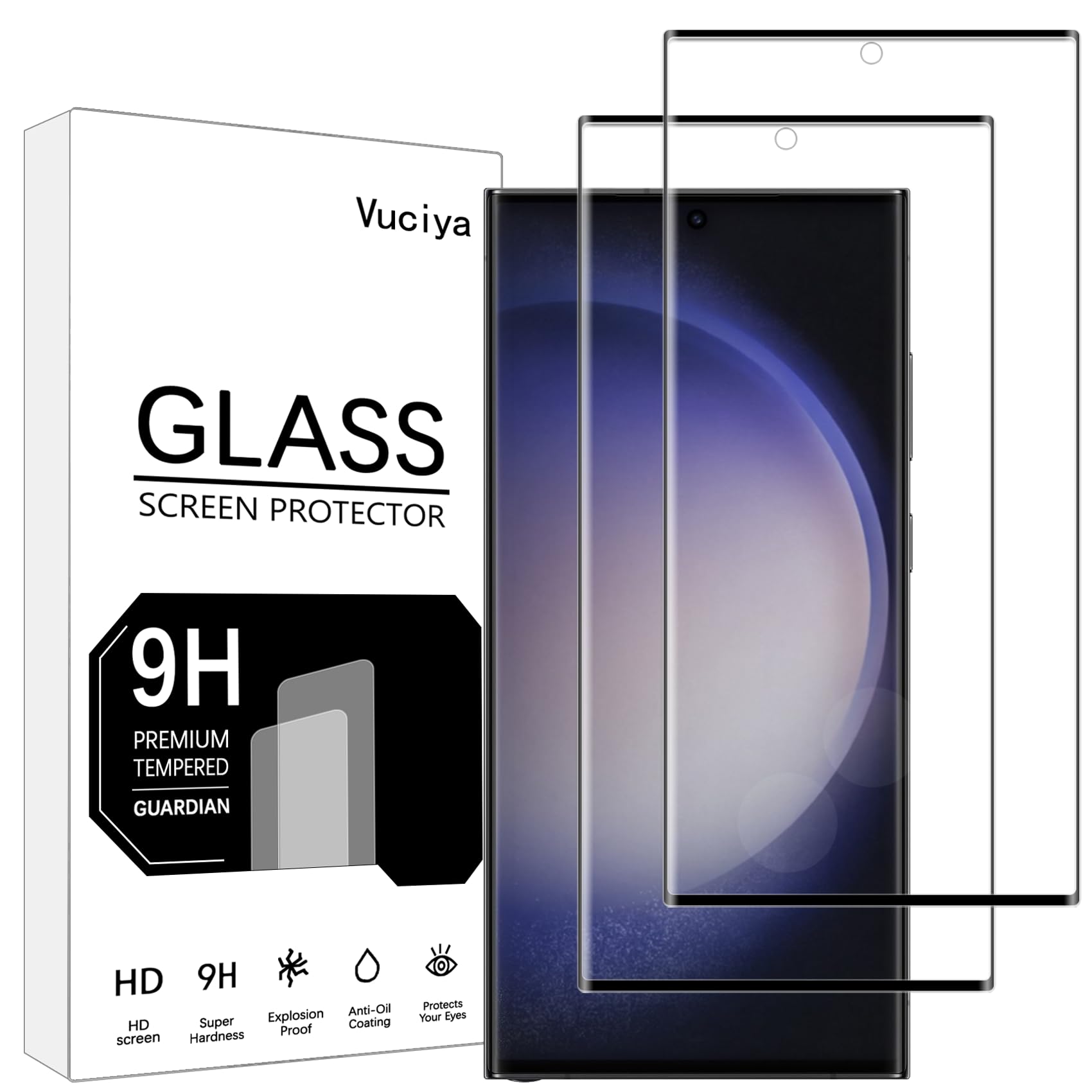 Vuciya 2 Pack Screen Protector for Samsung Galaxy S23 Ultra tempered glass 9H Hardness Full Coverage Film Anti-Scratch HD Clear Compatible with Galaxy S23 Ultra