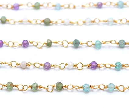 RARE GEMSTONE | Multi Color Stones Chalcedony Rosary chain, 24K Gold Plated beaded chain rosary style Size - 1 MM, 3 Foot Gemstone rosary chain for jewelry making, Gemstone Handmade Stone Chain{RC-19}