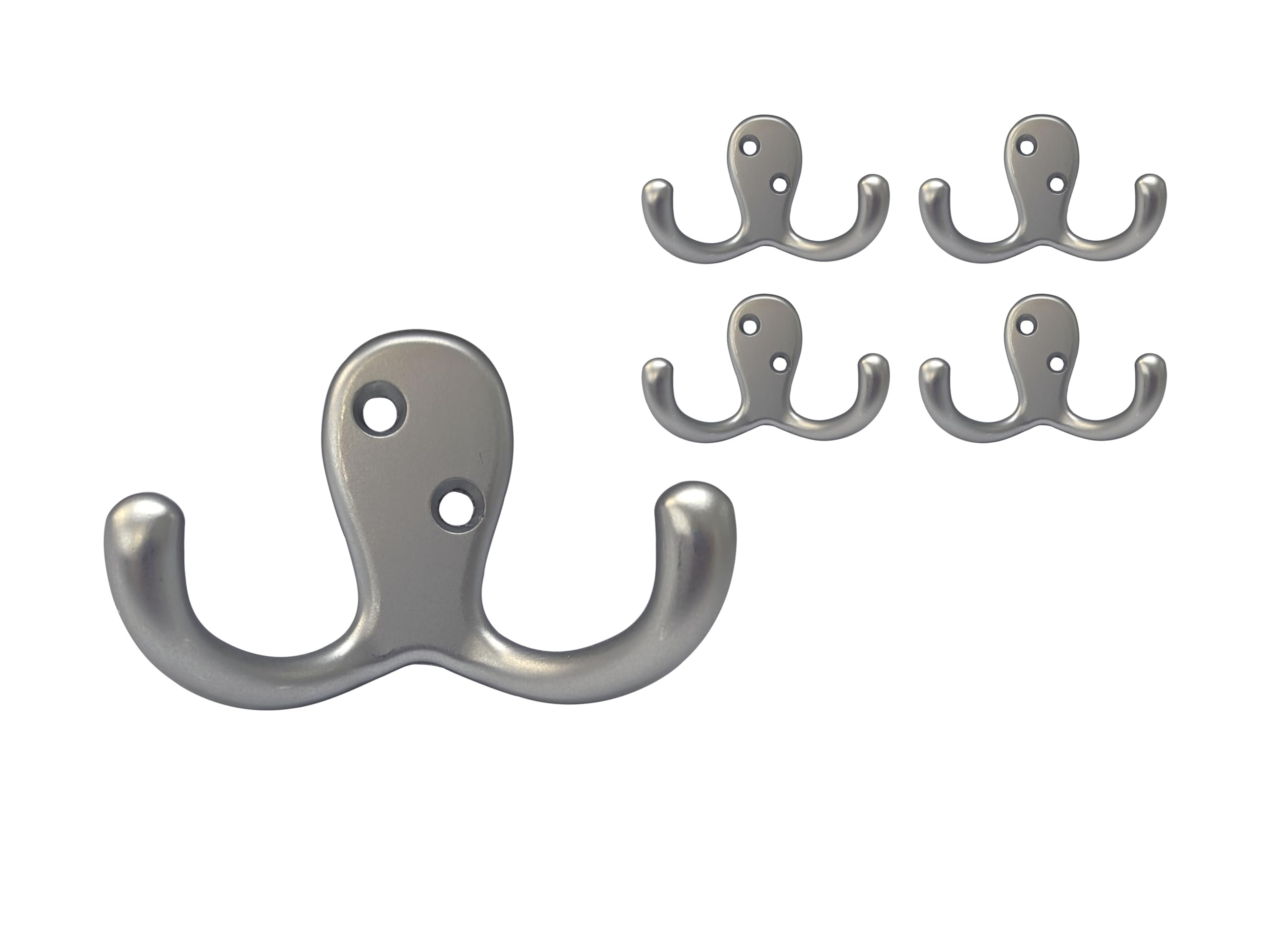 QCAA Premium Double Robe Hook, 2-3/4", Zinc Die Cast, Satin Matte Nickel, Made in Taiwan, 5 Pack