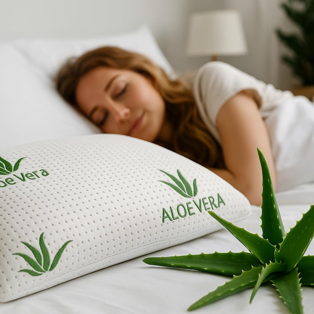 Aloe Vera Memory-Schaum Kopfkissen, Waschbarer Bezug mit Aloe-Vera-Extrakt, Ergonomisch für Kopf und Nacken, Weiß