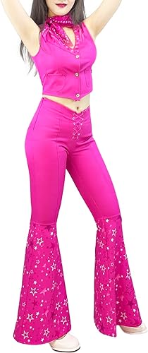 Miniatura 3 de Naywig Traje de vaquera de los años 70 y 80 hippie disco disfraz rosa acampanado pantalón Halloween cosplay para mujeres y niñas