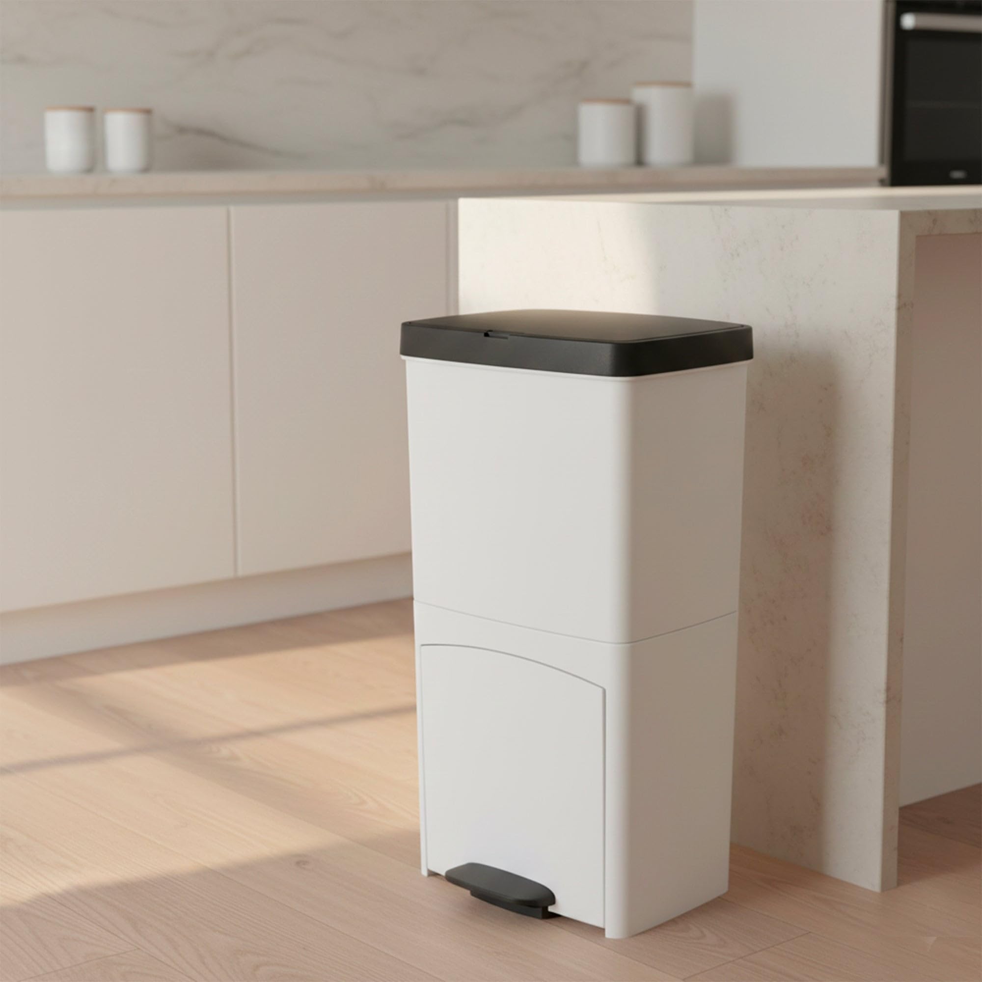 KITCHEN MOVE Poubelle de cuisine tri sélectif verticale 70 litres Blanc double compartiment