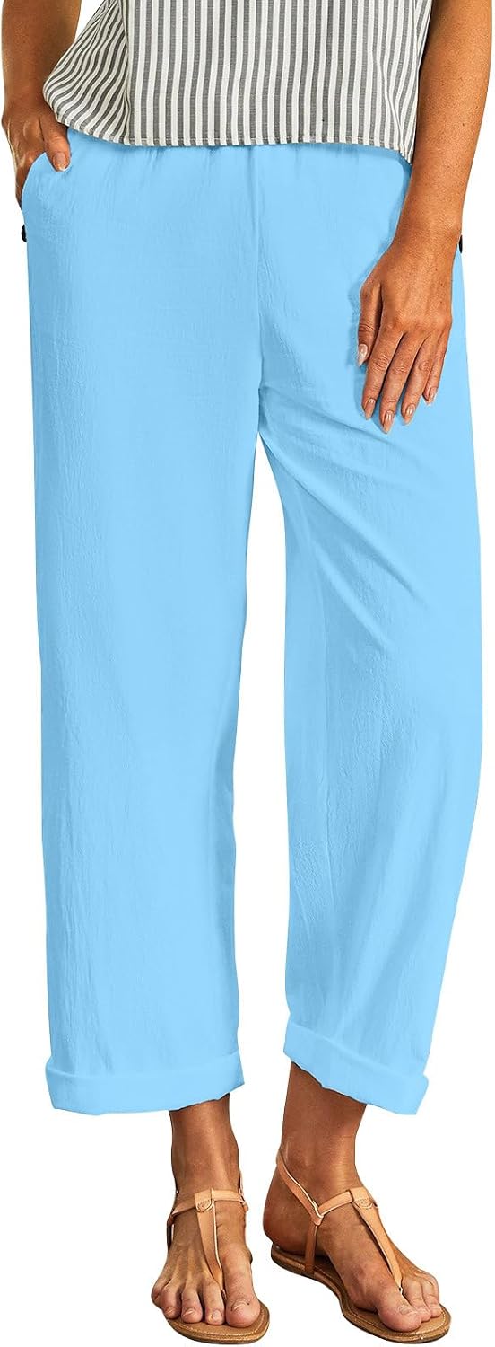 Cotton Linen Pants Women Summer Dressy Casual Straight Leg Pants Elastic Waist Basic Beach Trousers with Pockets