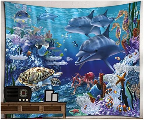 KRWHTS Wall Hanging Tapestry With Underwater World Blue Dolphin Printed for Child Nursery Living Bed Room Bathroom Dorm Home Decor 150*130cm(60"*52")