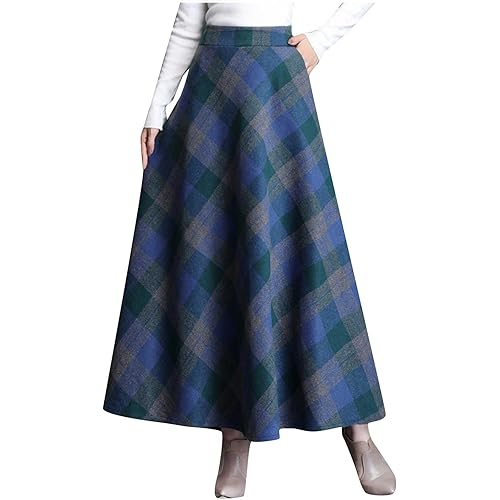 Womens Plaid Wool Skirts Elastic Waist A-Line Pleated Tartan Long Skirts Winter Warm Flare Retro Woolen Maxi Skirts