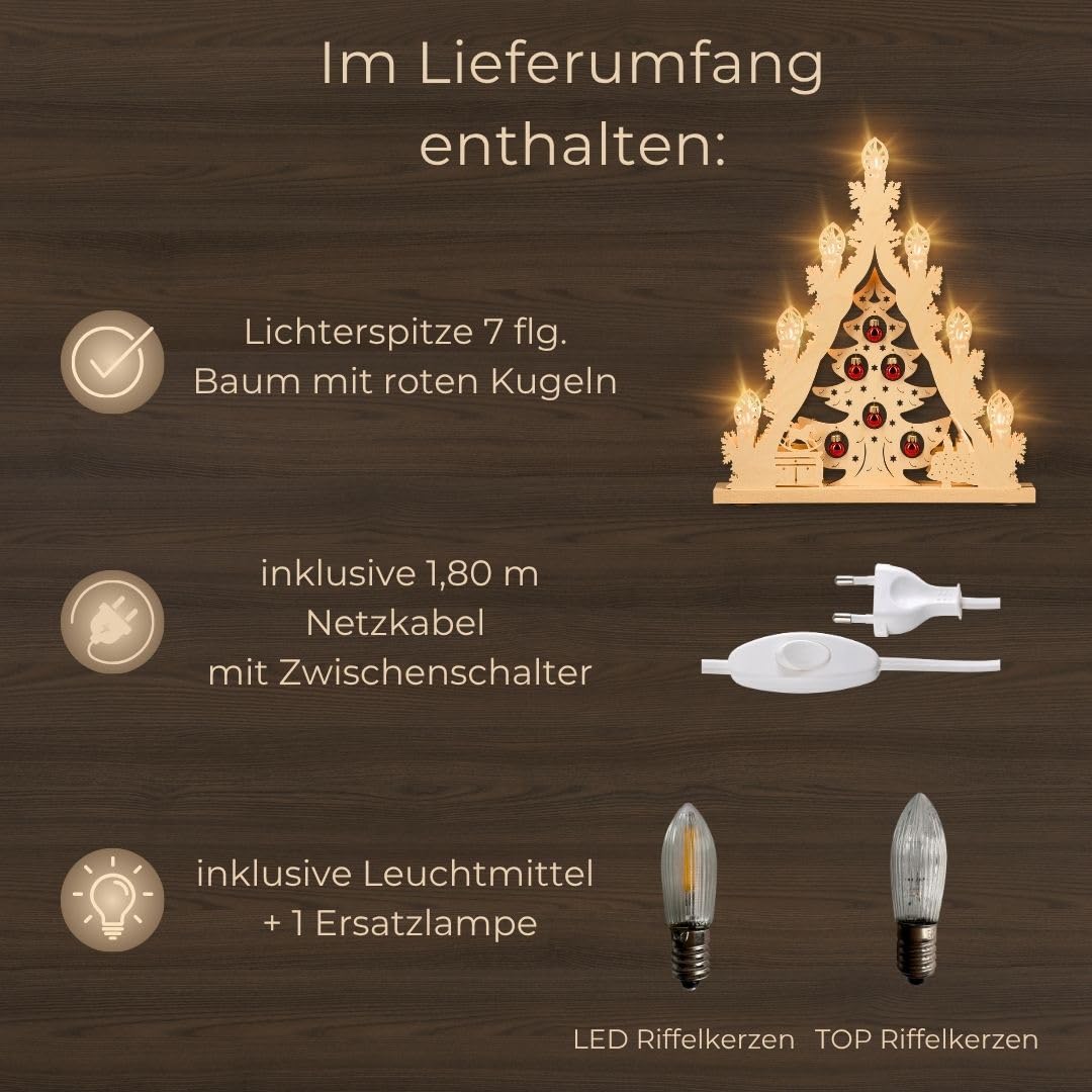 weigla - Lichterspitze original Erzgebirge I Motiv Weihnachtsbaum mit roten Kugeln I LED Lichterbogen Weihnachten I 7 Lampenkerzen + 1 Ersatzlampe I 7 x 34 V, 0,2 W, E10 I Weihnachtsdeko innen
