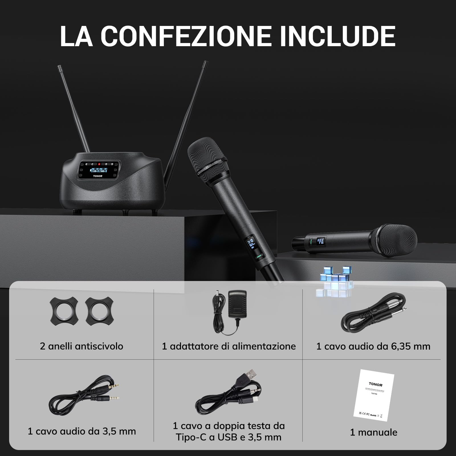 TONOR Microfono Wireless Ricaricabile, Sistema Doppio Microfono Palmare UHF in Metallo con Ricevitore Bluetooth, Portata UHF 80 m per Karaoke Domestico, Chiesa, Feste, DJ, Matrimoni TW790 Nero