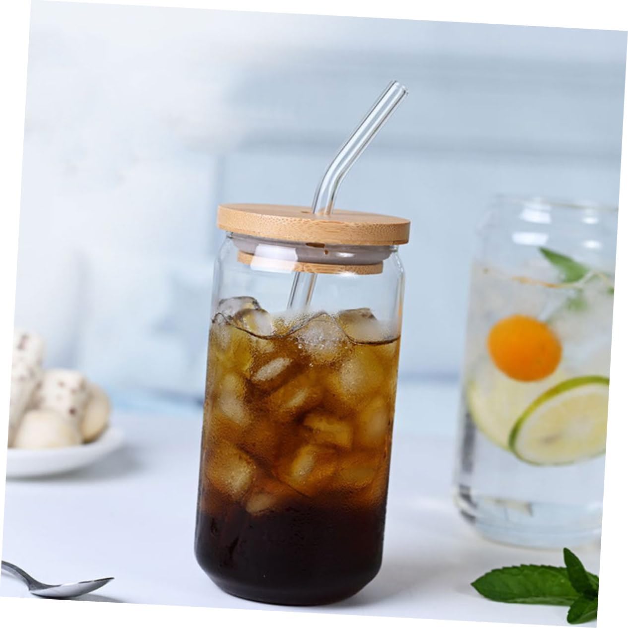 2Pcs Lid Glass Beverage Cups with Straws Portable Iced Tea Glasses for Juices Cold Drinks and Cocktails Stylish Drinking Cups for Home and Restaurant Use