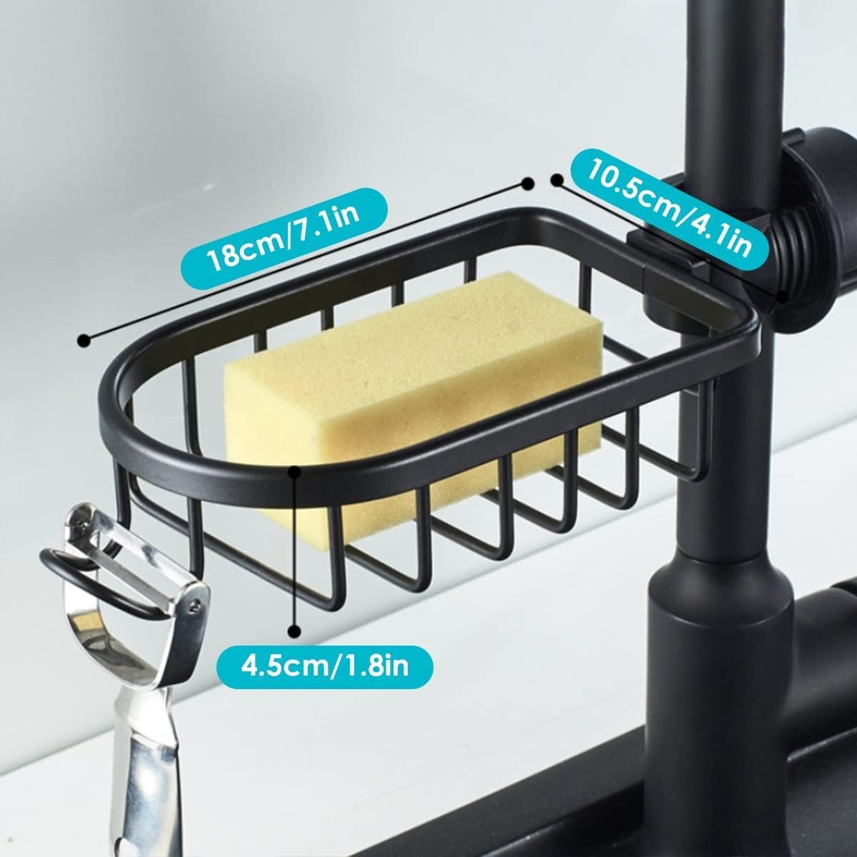 PIKFOS Kitchen Sink Faucet Sponge Holder Caddy Organizer Over, Stainless Steel Heavy Duty Thickening Hanging Drain Rack for scrubbers, Bathroom soap Holder, Kitchen Sink Accessories (Black) 2