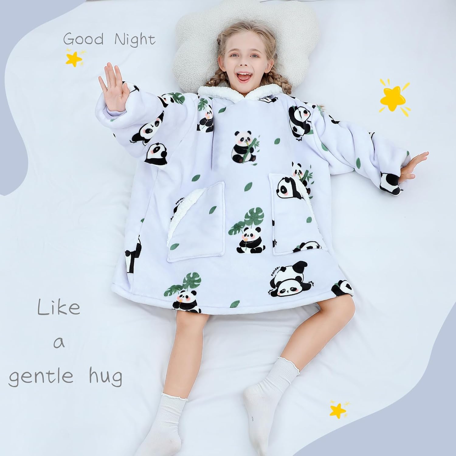 Kipswiza Panda Print Wearable Blanket Hoodie for Kids - Oversized Sherpa Fleece Hoodie Blanket Sweatshirt for Girls Boys 6-13 (4'3"-4'11"), Cozy Gift, Light Grey