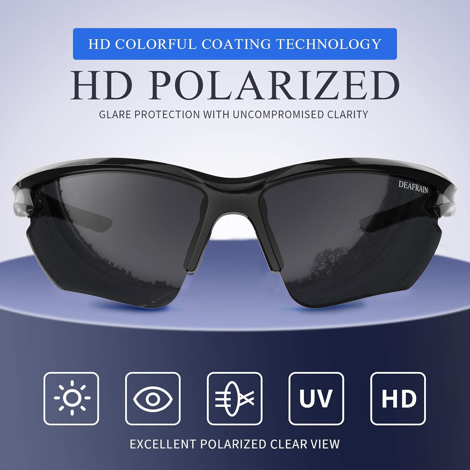 DEAFRAIN Gafas de sol deportivas polarizadas para hombres y mujeres, para ciclismo, correr, pesca, TR90, marco irrompible, protección UV, Z87, Marco negro brillante/lente negra, 52mm