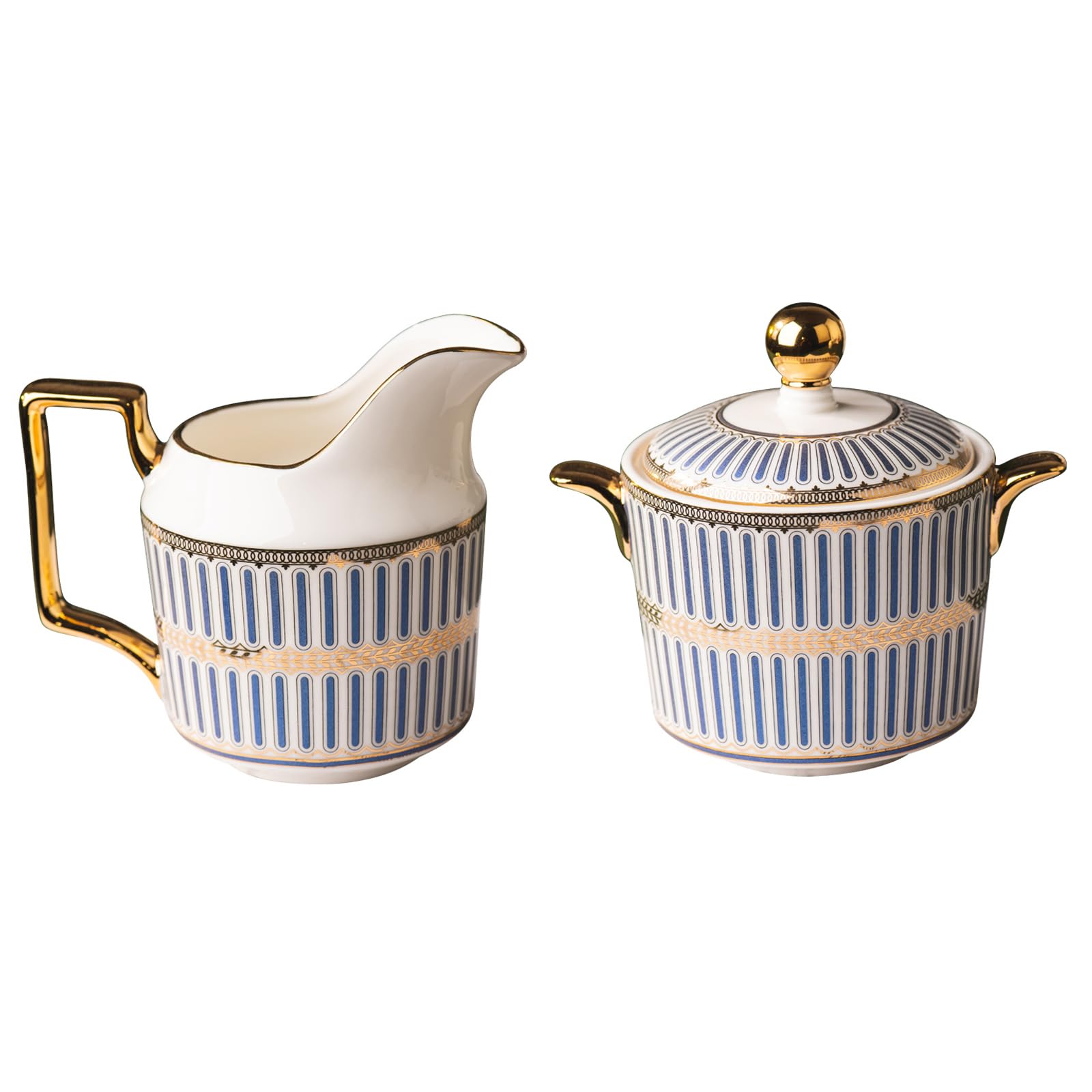 Ceramic Cream and Sugar Set,Bone China Coffee Serving Sets Of 2, Sugar Bowl with Lid,Cream Pitcher, Beautifully glazed WHite Gold Cream Jug Sugar Jar,elegant female suit.