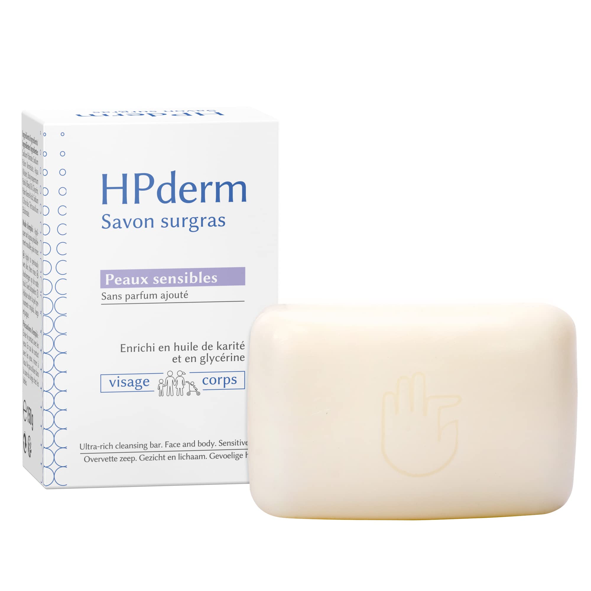 Seti di 8 - HPderm Sapone surgrasso - Pelle sensibile - 99,95% di ingredienti naturali - Con olio di karitè e glicerina - Famiglia di cui neonati - pH neutro, senza profumo - 150 gr