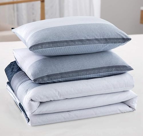 Miniatura 8 de SLEEPBELLA - Juego de edredón de algodón tamaño King, 600 hilos de algodón blanco y azul marino a rayas, diseño reversible de patchwork, juego de