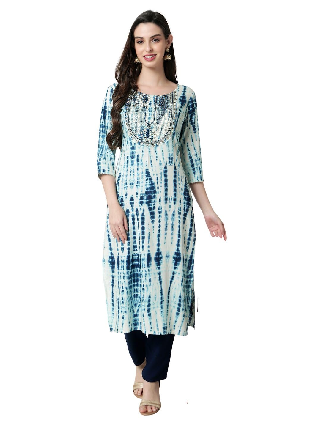 Rytras Women's Tie & Dye Embroidered Straight Kurta(Blue,M)