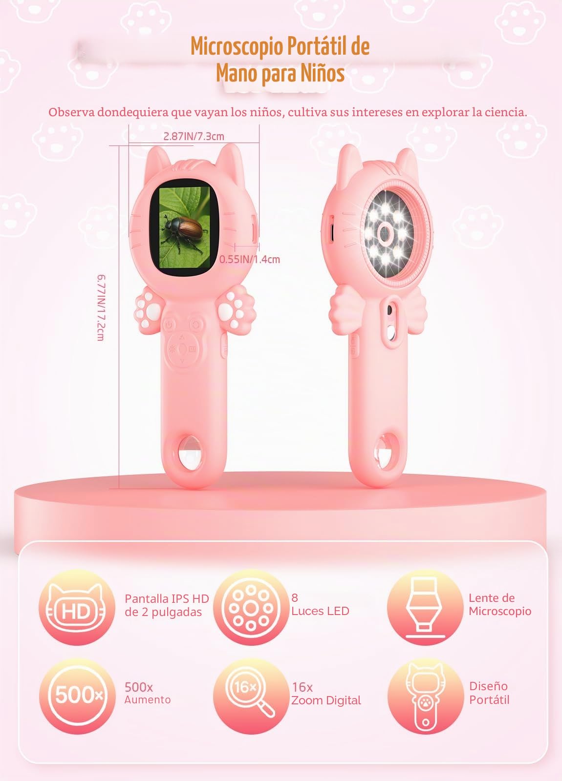 PHNIXGAM Microscopio para niños, Mini Bolsa de Mano para niños pequeños, Kit de Ciencia educativa, Juguete Digital, Regalos de cumpleaños de Navidad, Juguetes para niñas de 3 años (Gatto Rosa)