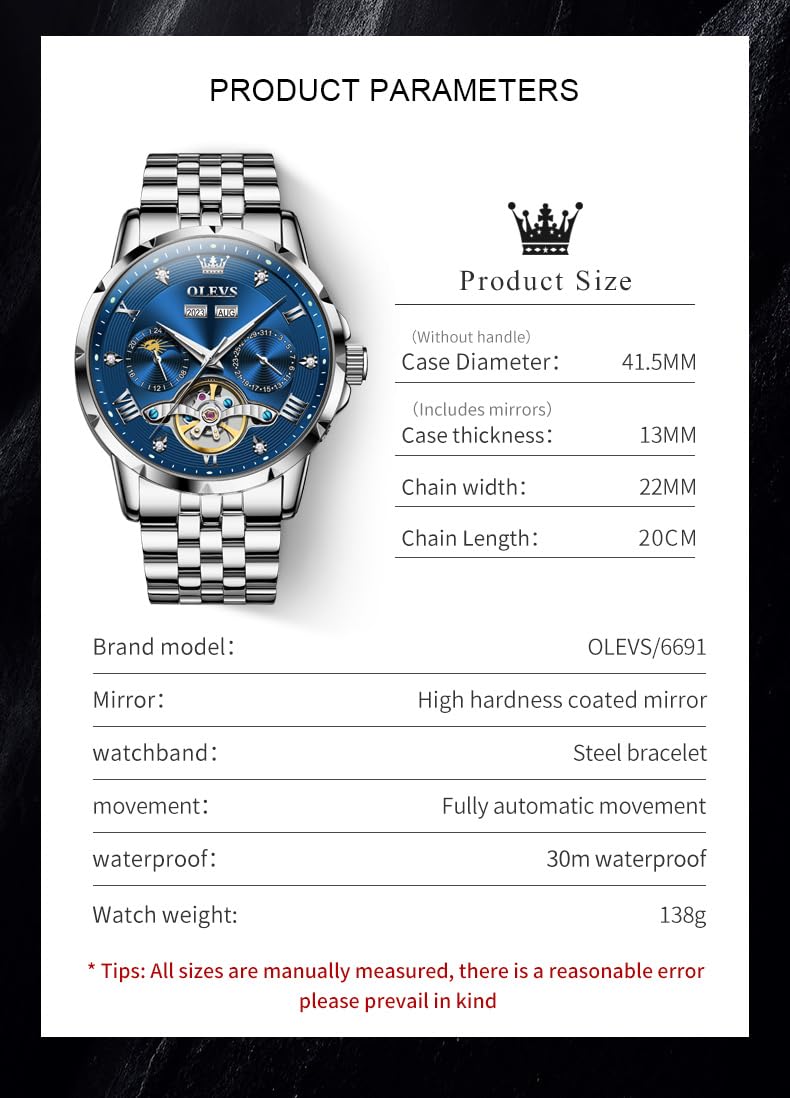 OLEVS Herrenuhren, mechanisch, automatisch, selbstaufziehend, luxuriös, Business-Kleid, Edelstahl, Tourbillon, Jahr/Monat/Tag, Mondphase, wasserdichte Uhren für Herren (blau/schwarz)