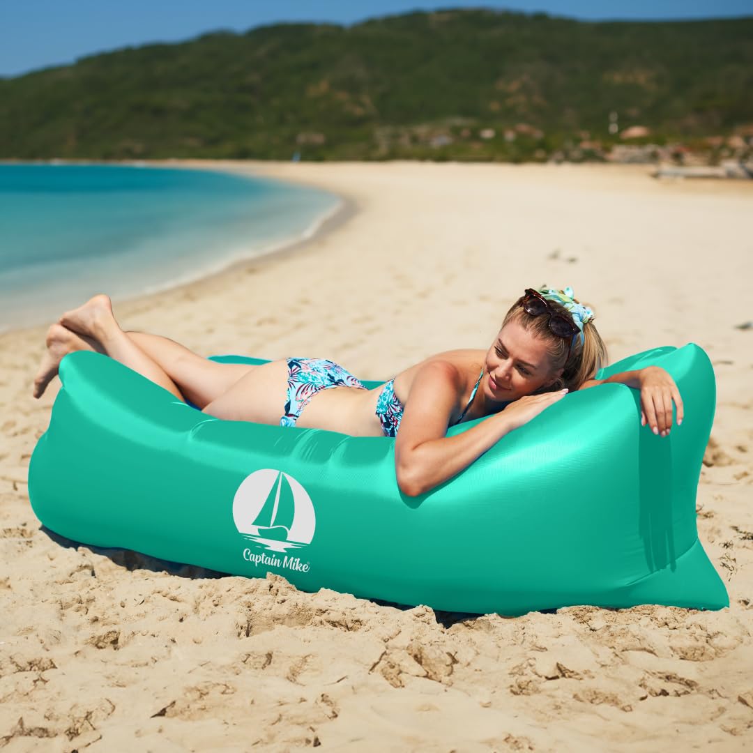 Captain Mike Air Sofa - Canapé gonflable sans pompe - Chaise longue de plage - Pliable et portable - Avec sac à dos - 190 x 70 cm - Pour plage, jardin, voyage, camping (vert foncé)