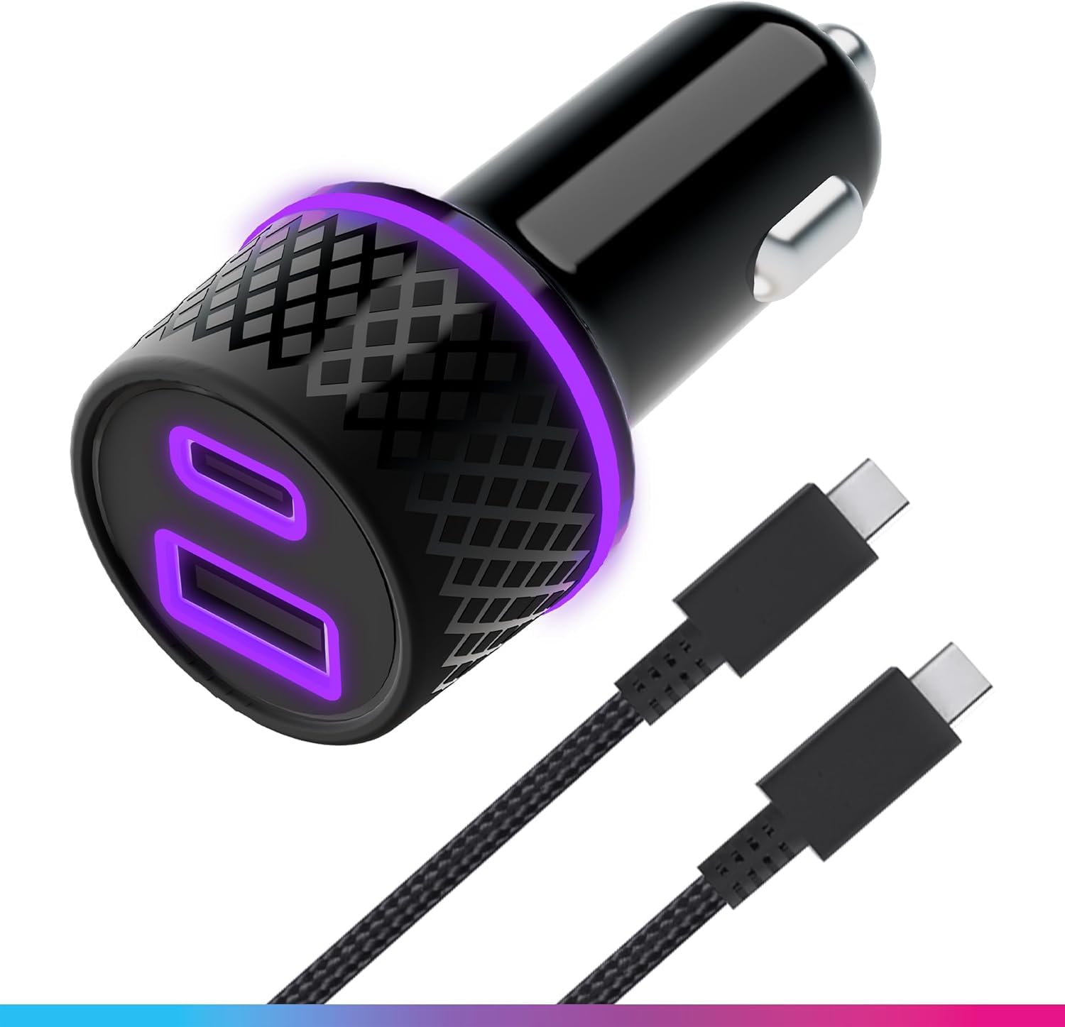Oniverse Adaptateur allume cigare 60W, double port USB-C USB-A - Chargeur voiture Switch 2, Switch, OLED, Lite, PC, Android, 1.5 Mètre, Charge Intelligente GaN, Câble tressé détachable USB-C inclus