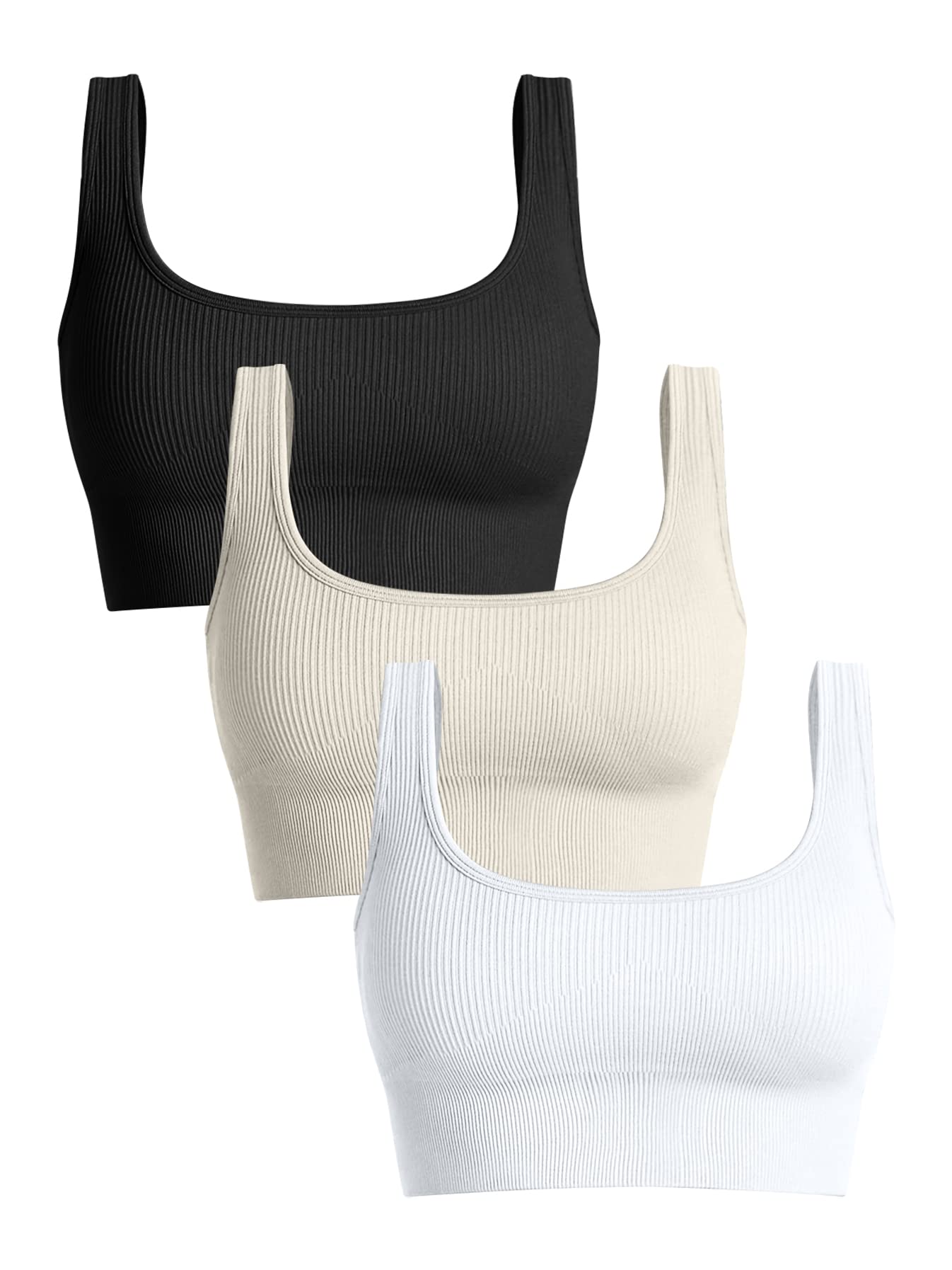 OQQ Women's 3 Piece Medium Support Tank Top Ribbed Seamless Removable Cups Workout Exercise Sport Bra