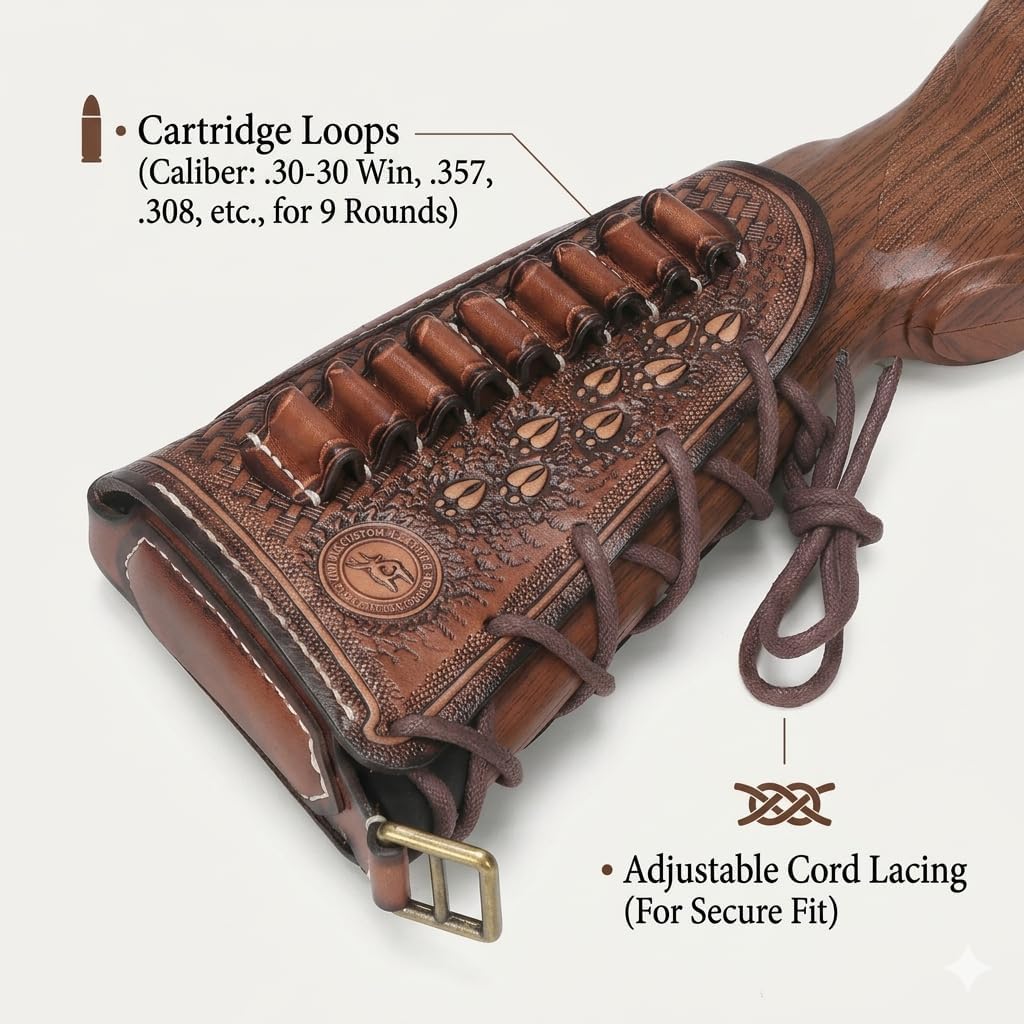 TOURBON Vintage Leather No Drill Cheek Rest Buttstock Protective Pouch, Hunting Shooting Recoil Pad with Rifle Shotgun Shell Ammo Holder