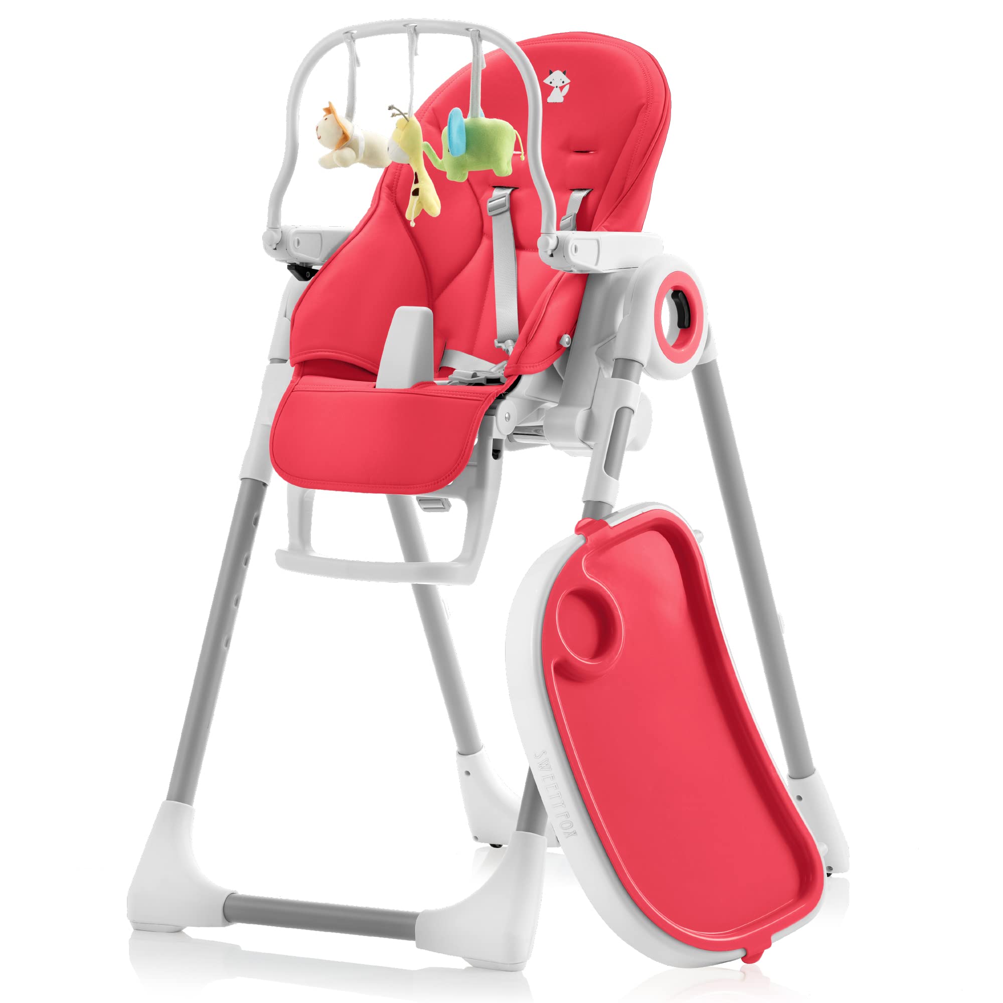Seggiolone Pappa Regolabile e Pieghevole - 7 Livelli Diverse, Schienale Bambino Pieghevole 5 Posizioni, Ripiano Smontabile, Vassoio a Clip (Facile da Pulire) - Rosso Lampone