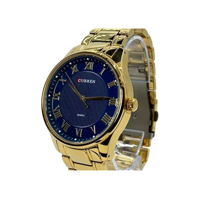 CURREN 8409. Reloj de Cuarzo clásico de Caballero con Correa de Acero Inoxidable Dorado y Esfera Azul con números Romanos - Imagen 3