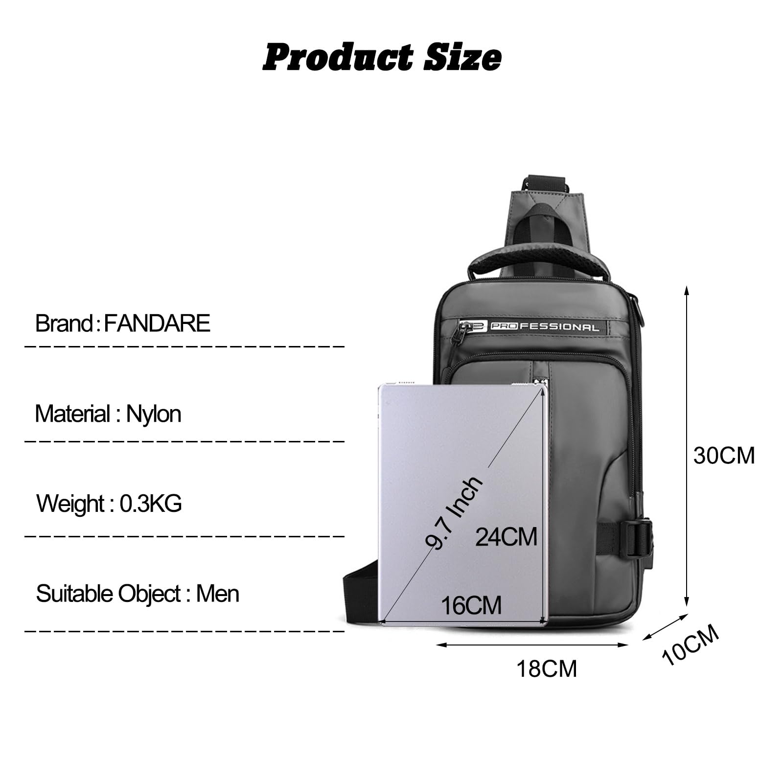 FANDARE Men Sling Crossbody Backpack Crossbody Bag for Men One Strap Motorcycle Chest Bag Cover Pack for Hiking Cycling Travel Outdoor Sport Small Casual Backpack with USB Charger Port Nylon Gray - Image 3