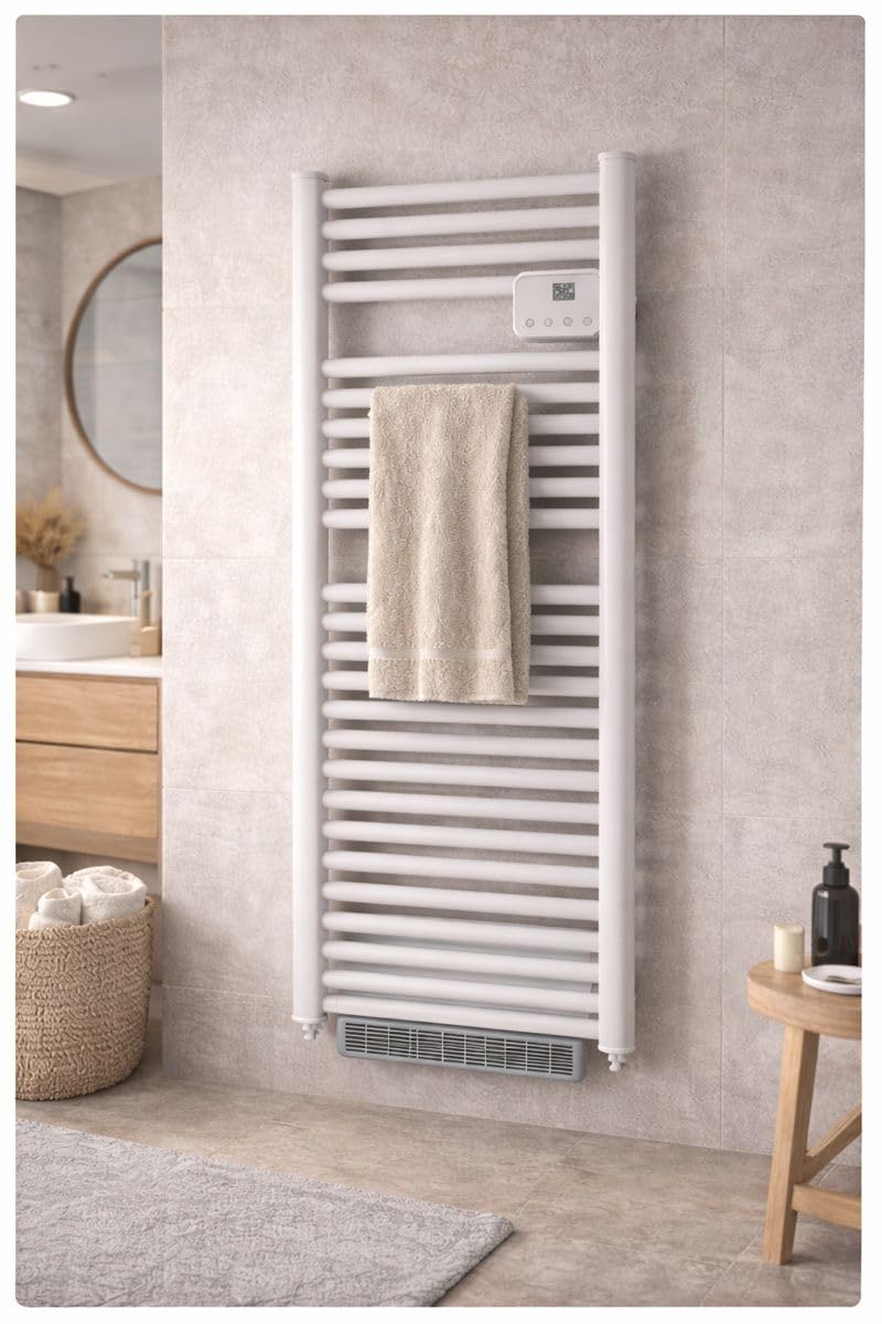DREXON LYRIA S 1500W – Sèche-Serviettes Électrique Sans Fluide Avec Soufflerie - Fil Pilote 6 Ordres - Modes Confort/ECO/Antigel - Programmation LCD - Salle de Bains IP24 NF