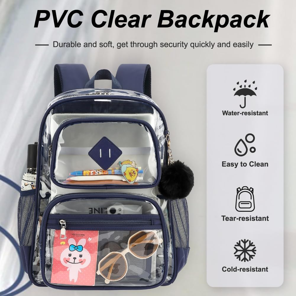 Heavy Duty Clear Backpack for Girls Boys Transparent School Bookbag Kids Durable PVC See Through Backpack-Navy Blue - Image 4