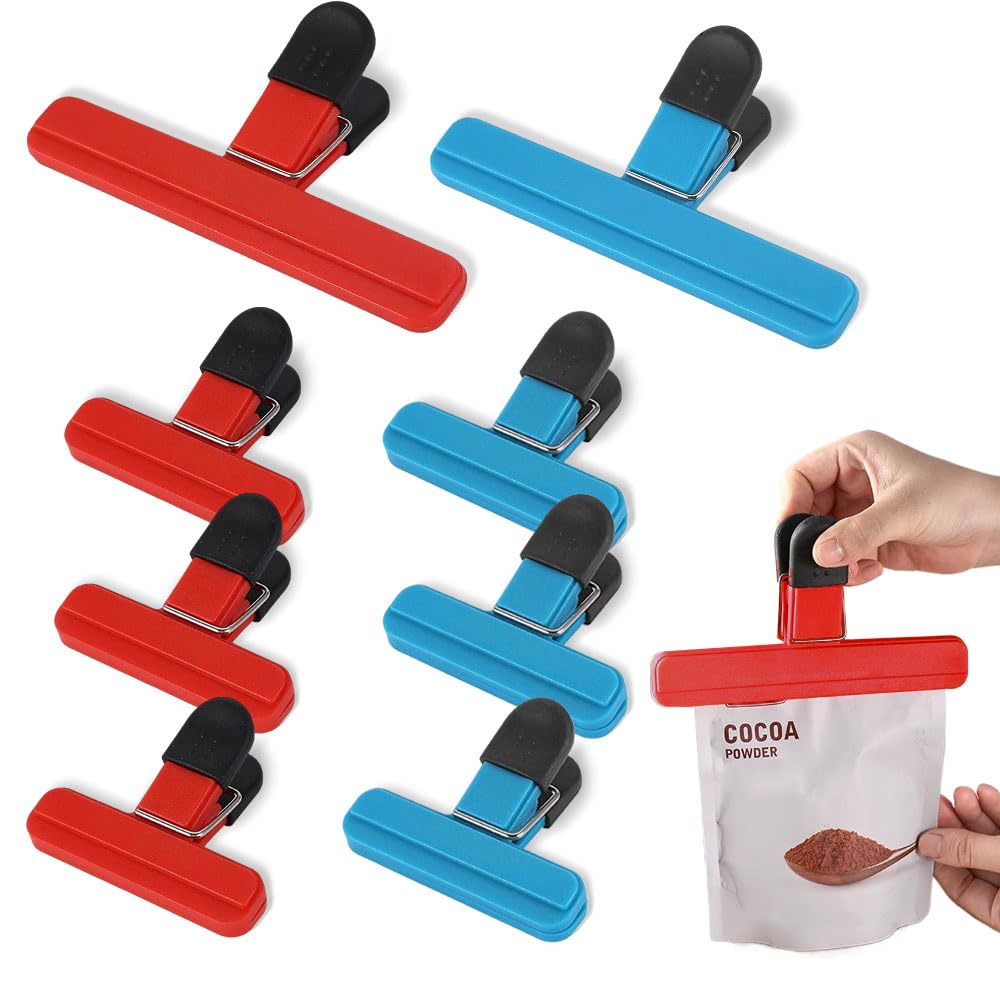 Bmeigo 8pcs Food Bag Clips Set, Reusable Freezer Bags Clip 2 Sizes Kitchen Storage Accessories Strong for Sealing Coffee Snacks Sandwichs(Red & Blue, 2 Large, 6 Small)