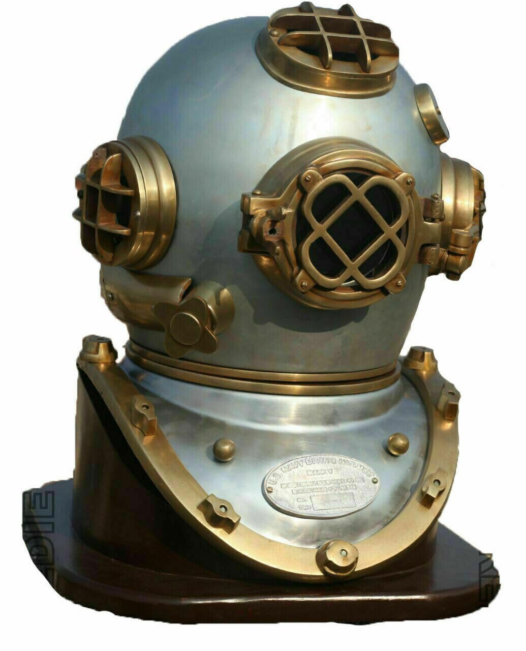 Generic US Navy Diving Helmet Mark V Deep Sea Divers Diving Helmet with Wooden Base, As Shown in image