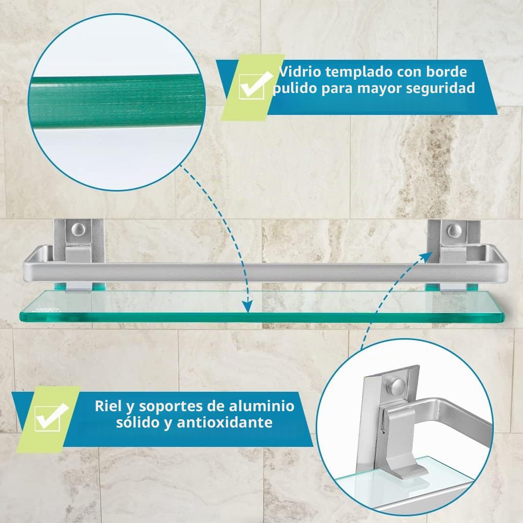 Skelang Estante de baño, Estante de Vidrio Templado 38,5 × 11,5 cm, Estante de Pared con Valla para baño, Cocina