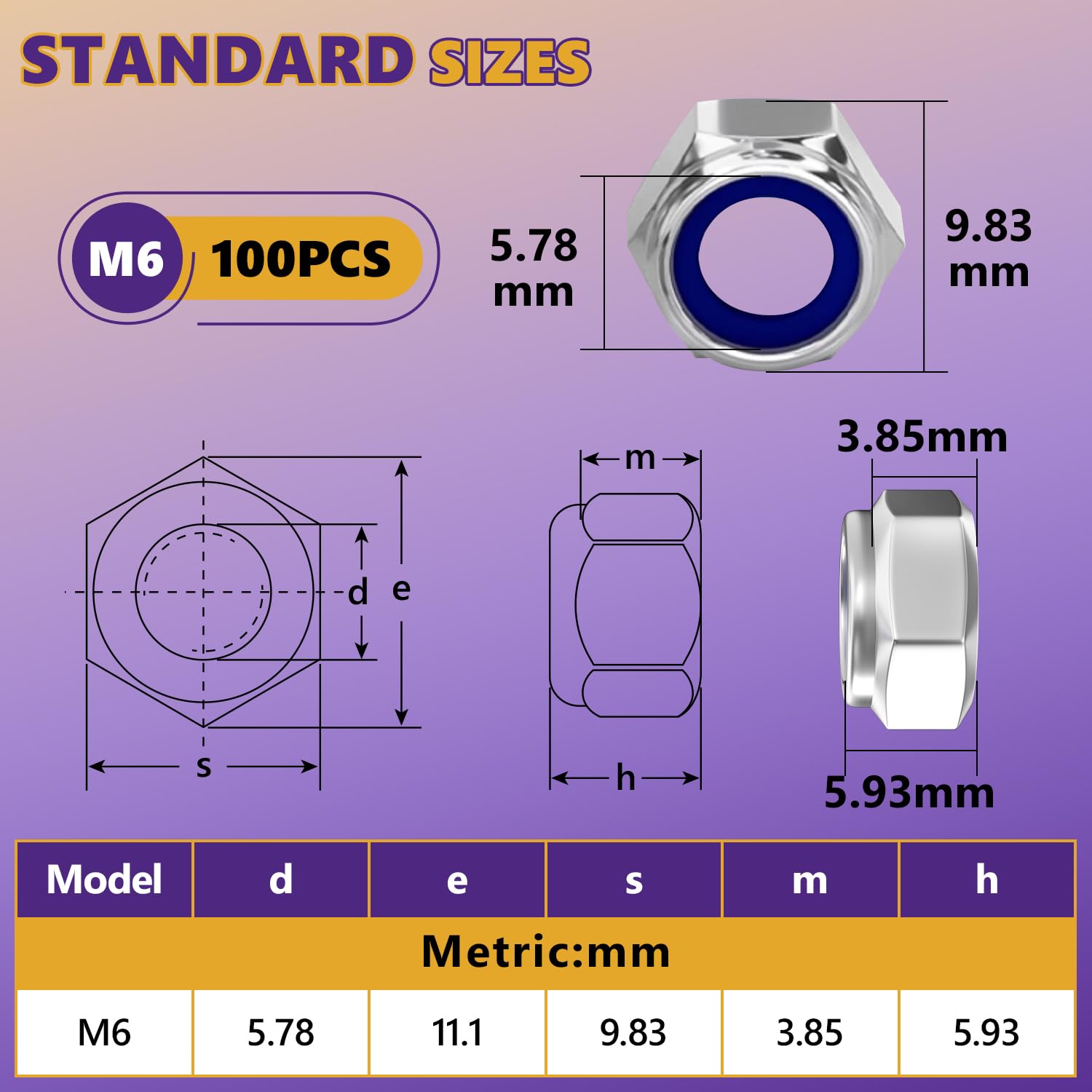 100Pcs M6 Nuts Nylock, Leryati Lock Nuts M6 Stainless Steel Hex A2 V2A Self Locking Nut - Image 4